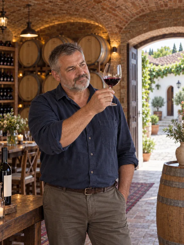Host tasting red wine in a vaulted wine cellar on a countryside estate