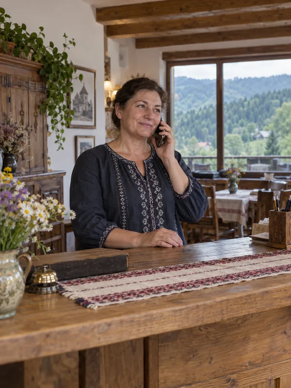 Smiling host on the phone at the wooden reception desk of a small mountain guesthouse